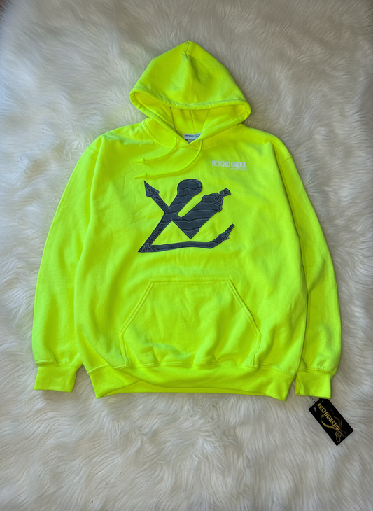 Our weapons of choice unisex neon yellow 100% cotton & vegan crocodile leather. Hand made USA